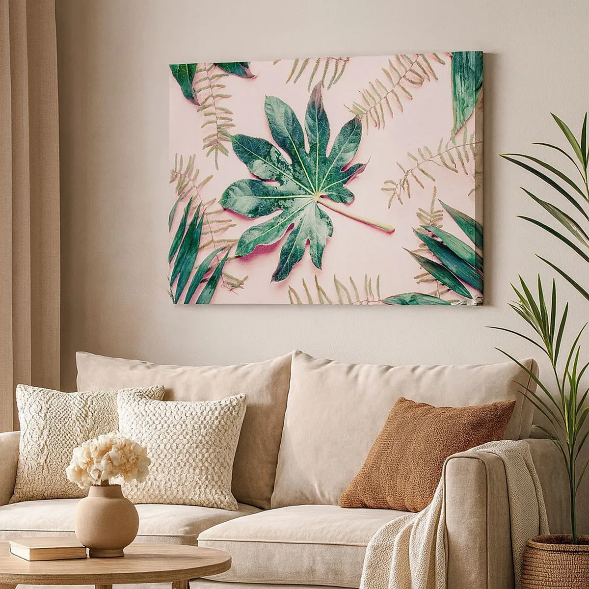 Impression sur toile - Image sur toile - Feuilles tropicales sur fond pastel clair - 70x50cm - Étude de verdure sur fond rose - Décoration murale moderne pour le salon et la chambre ARTTOR