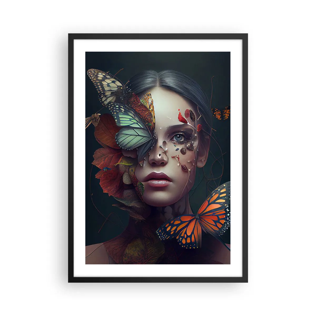 Affiche dans un cadre noir - Poster - Portrait d'une femme avec des papillons et des feuilles - 50x70cm - Une merveilleuse métamorphose - Décoration murale moderne pour le salon et la chambre ARTTOR