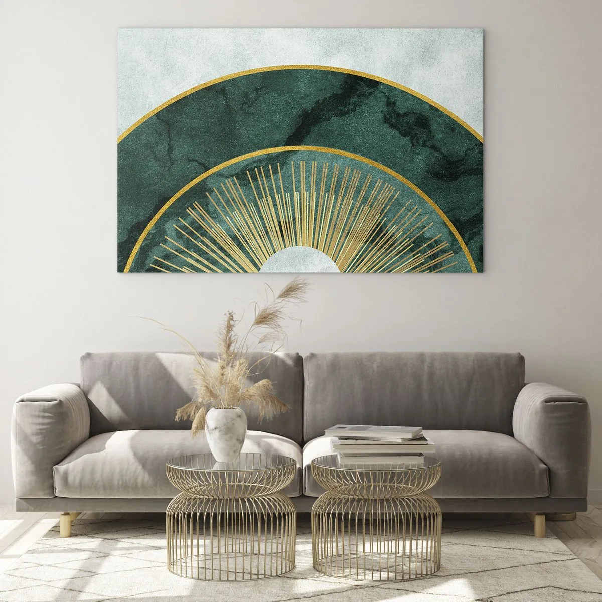 Impression sur verre - Image sur verre - Rayons dorés sur fond de demi-cercles verts avec une structure en marbre - 70x50cm - Un autre système solaire - Décoration murale moderne pour le salon et la chambre ARTTOR