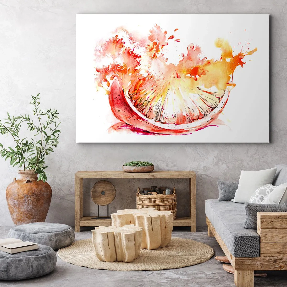 Impression sur toile - Image sur toile - Une tranche de pamplemousse à l'aquarelle aux couleurs vives - 70x50cm - Détente juteuse - Décoration murale moderne pour le salon et la chambre ARTTOR