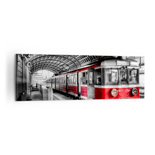 Impression sur toile - Image sur toile - Train rouge à la gare sous un toit - 160x50cm - C'est peut-être le voyage de votre vie ? - Décoration murale moderne pour le salon et la chambre ARTTOR