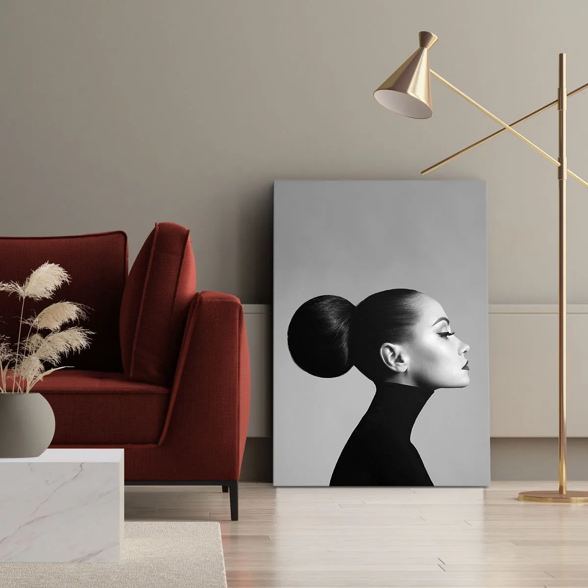 Impression sur toile - Image sur toile - Profil d'une femme en noir et blanc avec un chignon élégant - 50x70cm - Néfertiti moderne - Décoration murale moderne pour le salon et la chambre ARTTOR