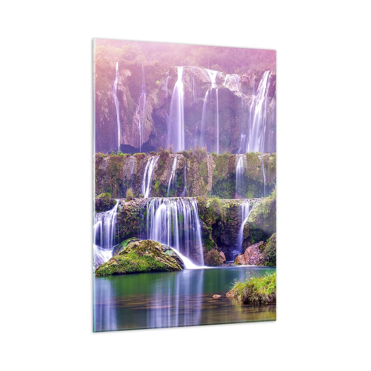 Impression sur verre - Image sur verre - Cascades pittoresques coulant sur des rochers verts au coucher du soleil - 50x70cm - Escalier vers le ciel - Décoration murale moderne pour le salon et la chambre ARTTOR