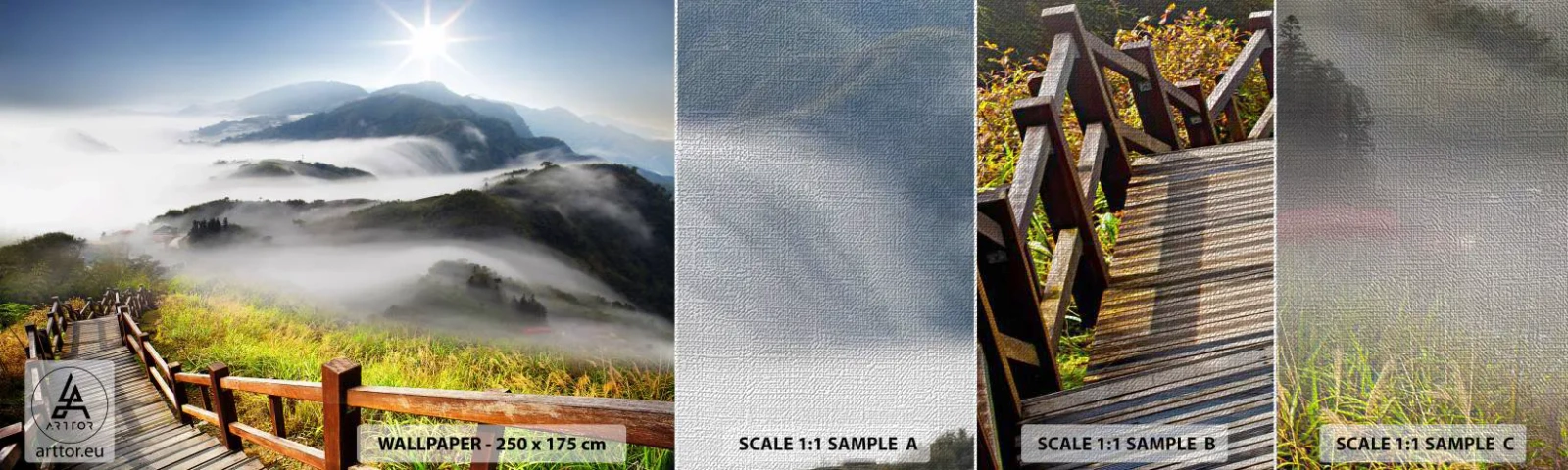 Échantillon de Papier Peint Premium Canvas - Tissé d'éblouissement et de brouillard - Paysage, Montagnes, parc national - 100x30 cm