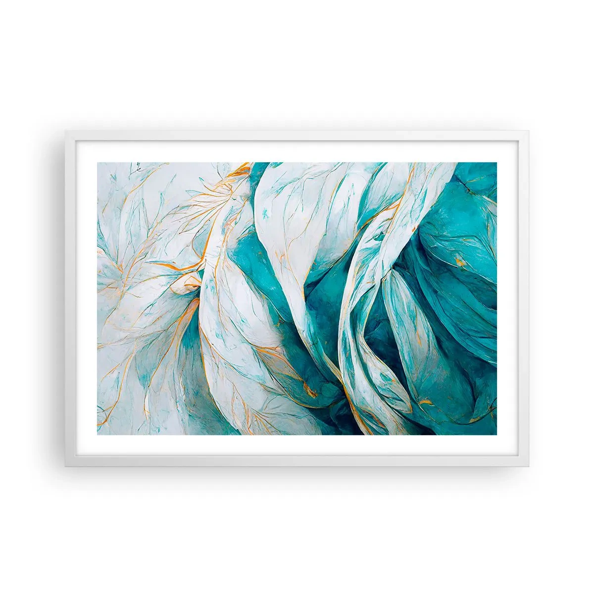 Affiche dans un cadre blanc - Poster - Abstraction bleue avec un motif doré - 70x50 cm
