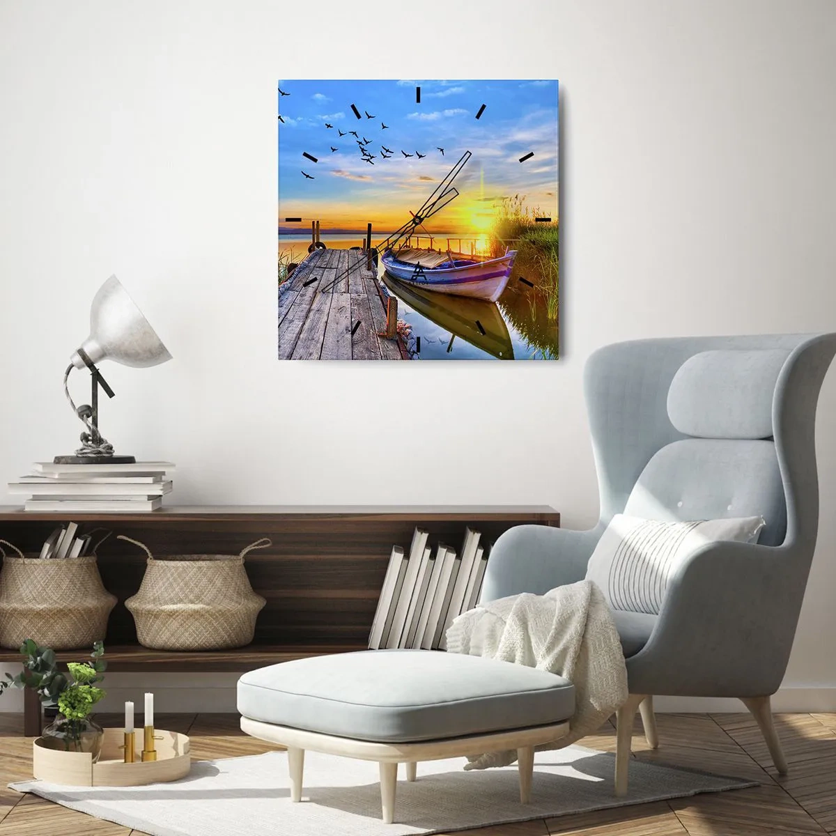 Horloge murale - Pendule murale - Un bateau sur une jetée en bois au coucher du soleil - 30x30cm - Au revoir, à demain - Décoration murale moderne pour le salon et la chambre ARTTOR