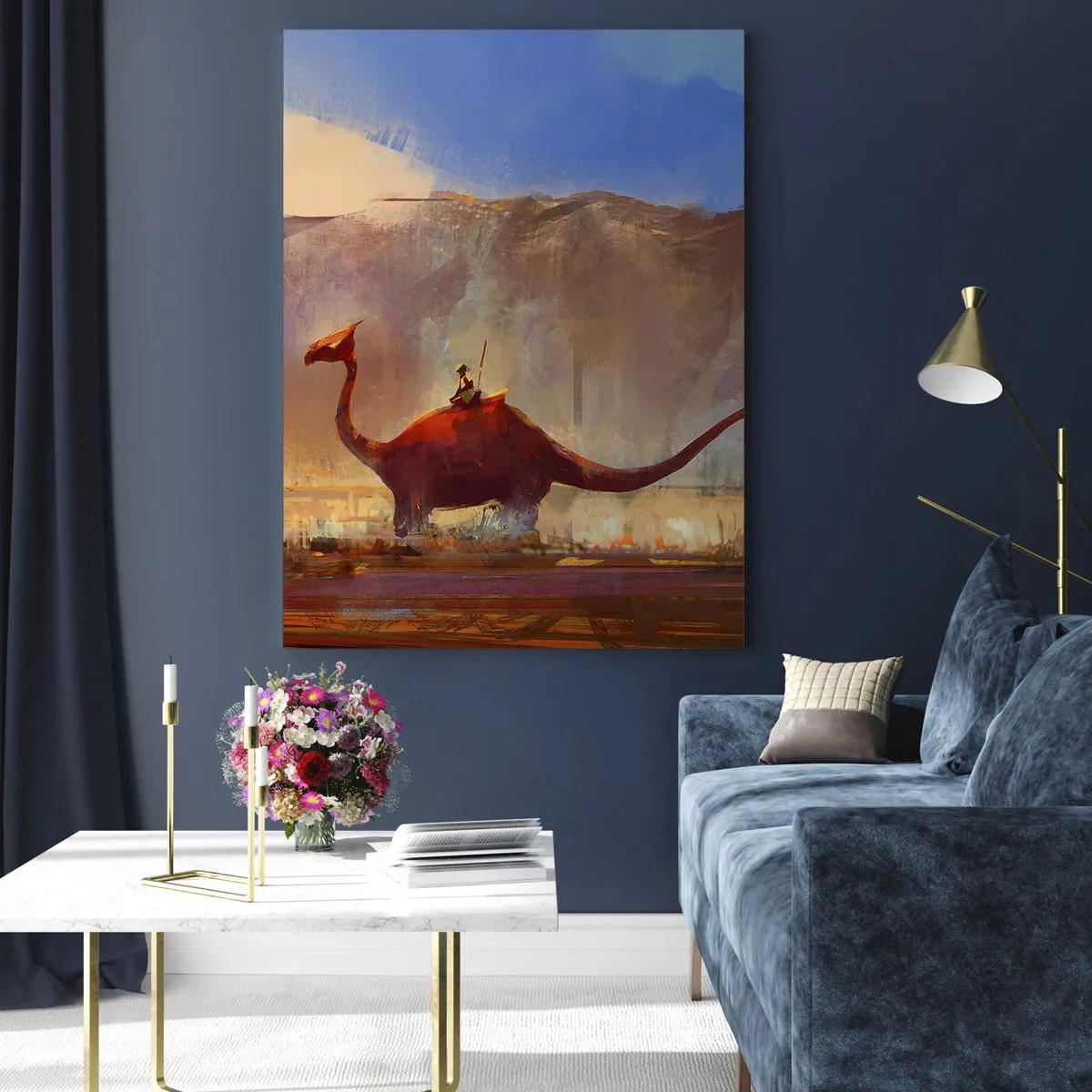 Impression sur verre - Image sur verre - Une scène fantastique avec un cavalier sur une créature préhistorique - 80x120cm - S'ils n'avaient pas disparu - Décoration murale moderne pour le salon et la chambre ARTTOR