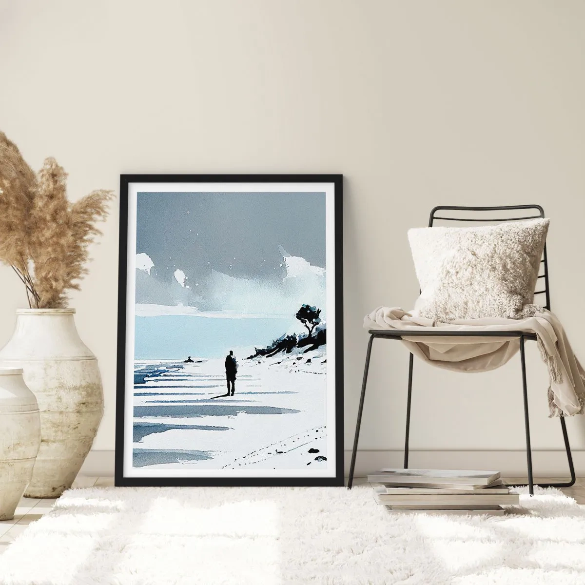 Affiche dans un cadre noir - Poster - Une silhouette solitaire sur la plage dans des tons aquarelles - 50x70cm - Seul à seul - Décoration murale moderne pour le salon et la chambre ARTTOR