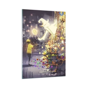 Impression sur verre - Image sur verre - Un enfant en t-shirt léger devant un stand lumineux rempli de bonbons colorés - 50x70cm - La magie existe - Décoration murale moderne pour le salon et la chambre ARTTOR