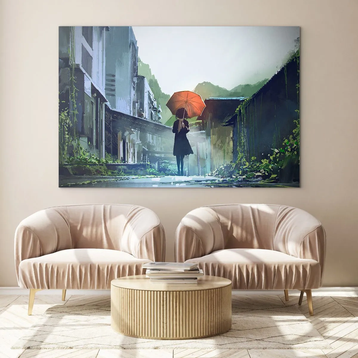 Impression sur verre - Image sur verre - Une silhouette avec un parapluie orange dans une rue pluvieuse - 70x50cm - Pluie vivifiante - Décoration murale moderne pour le salon et la chambre ARTTOR