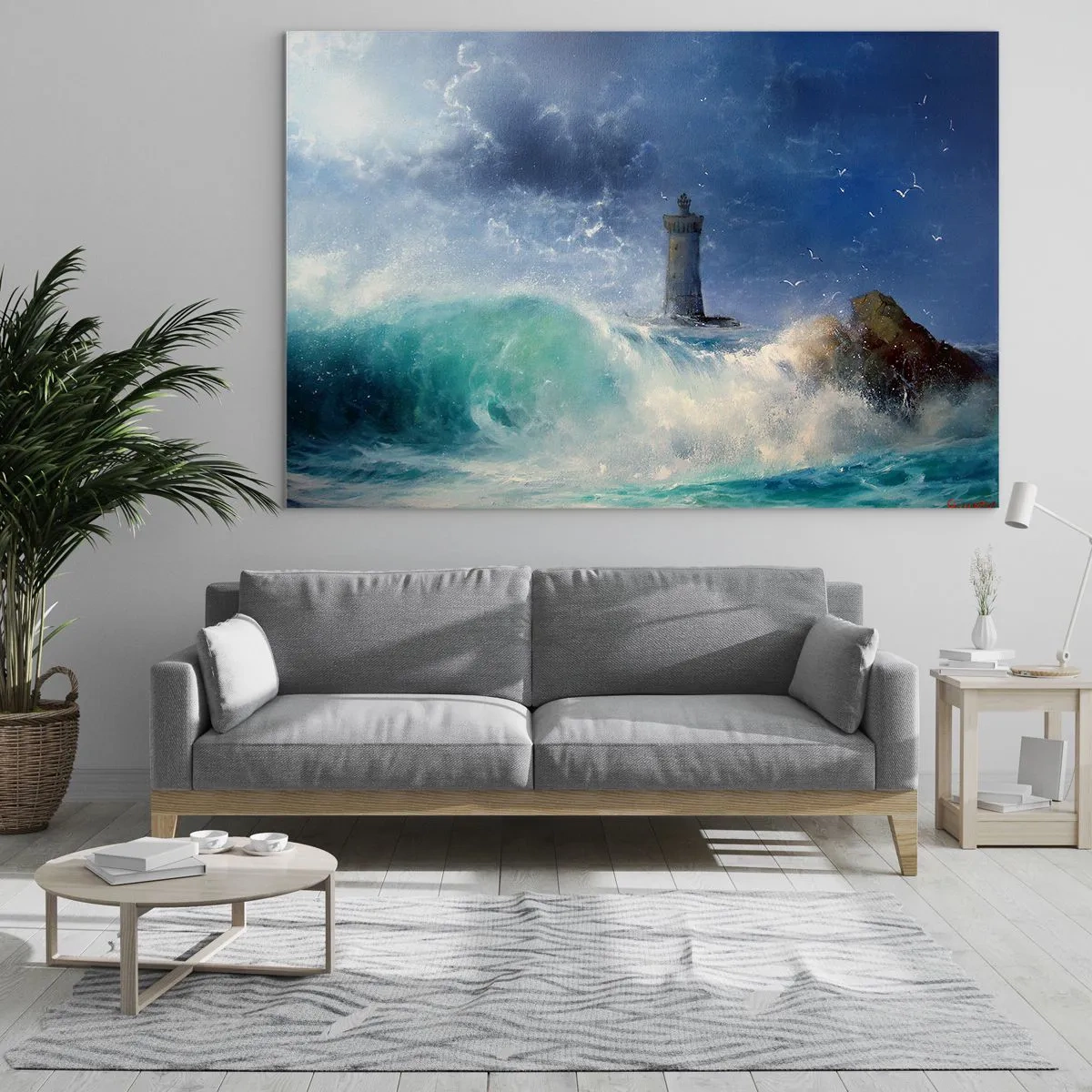 Impression sur verre - Image sur verre - Un phare parmi les vagues agitées de l'océan - 100x70cm - En garde contre les éléments - Décoration murale moderne pour le salon et la chambre ARTTOR