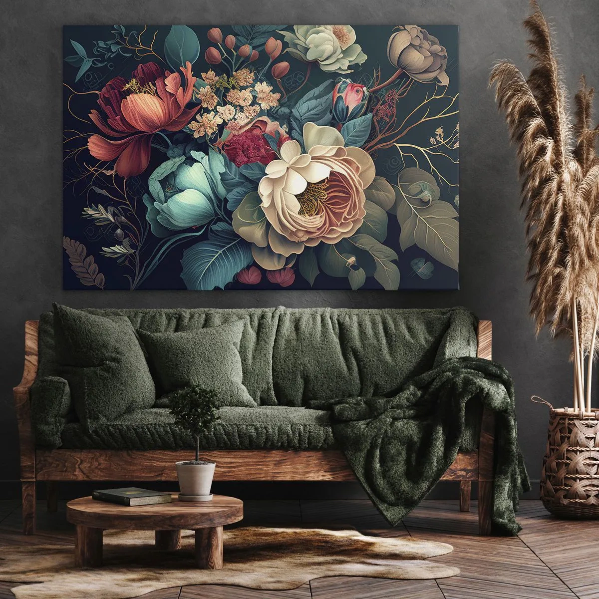 Impression sur toile - Image sur toile - Une composition colorée de fleurs sur un fond sombre - 70x50cm - le charme du 19ème siècle - Décoration murale moderne pour le salon et la chambre ARTTOR