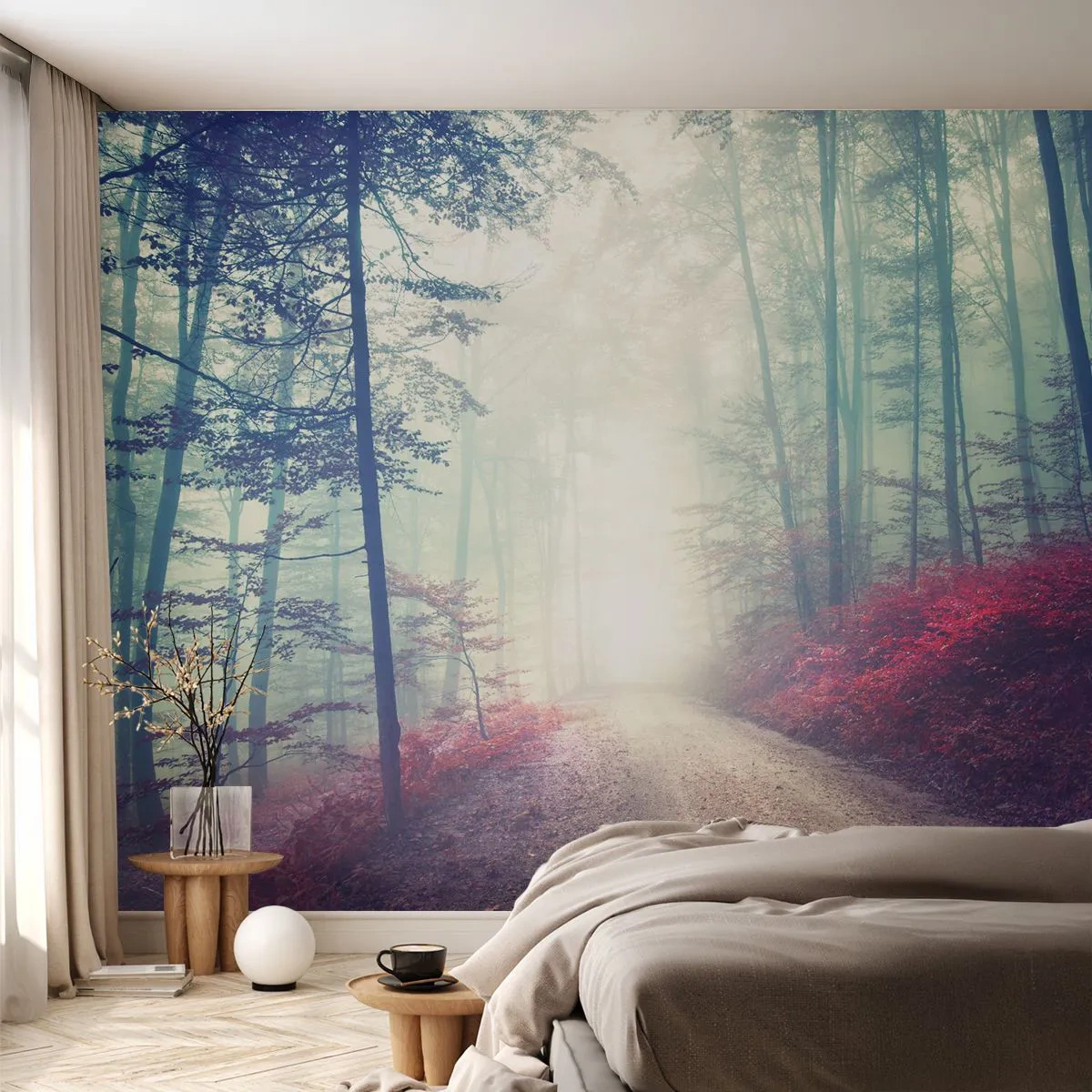 Papier Peint Photo Premium Sand - Une route forestière dans le brouillard avec les couleurs magiques des feuilles - 100x70cm - Comme c'est bon de se lever à l'aube - Décoration murale moderne pour le salon et la chambre ARTTOR