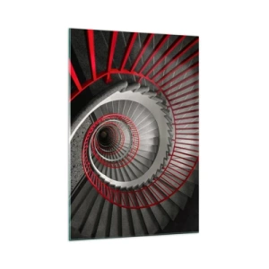 Impression sur verre - Image sur verre - Escalier en colimaçon avec rampes rouges dans une perspective dynamique - 70x100cm - Amusement architectural - Décoration murale moderne pour le salon et la chambre ARTTOR
