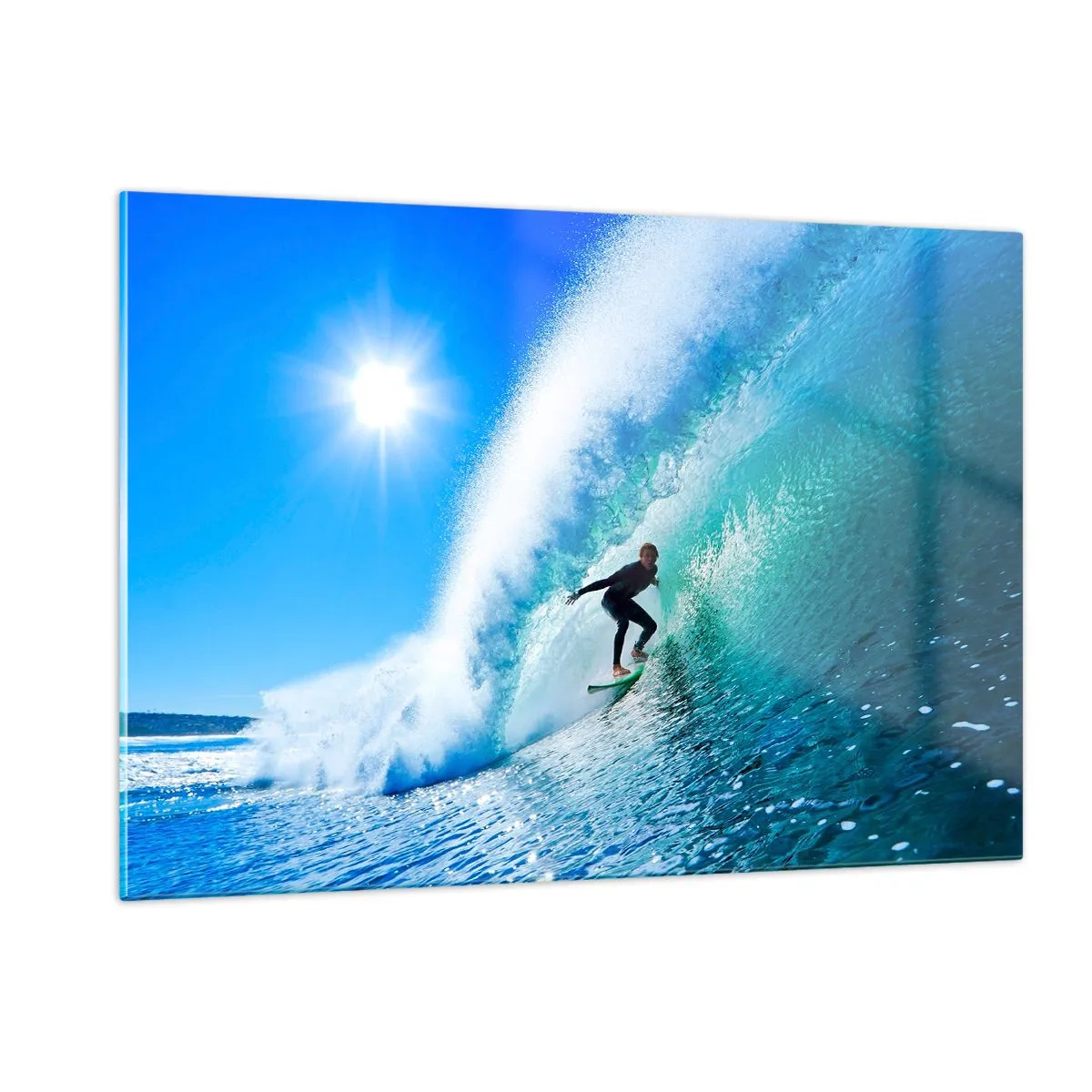 Impression sur verre - Image sur verre - Surfeur sur une vague par une journée ensoleillée - 120x80cm - A travers le grand ciel bleu - Décoration murale moderne pour le salon et la chambre ARTTOR