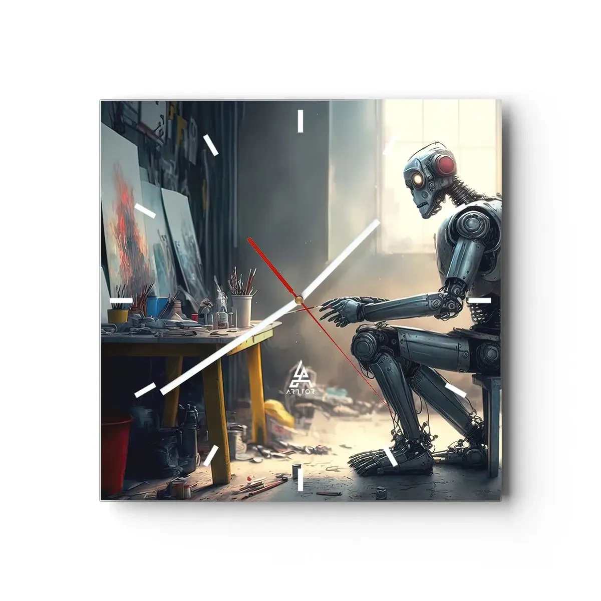 Horloge murale - Pendule murale - Un robot peignant un tableau dans un atelier d'art - 30x30cm - L'acte de création - Décoration murale moderne pour le salon et la chambre ARTTOR