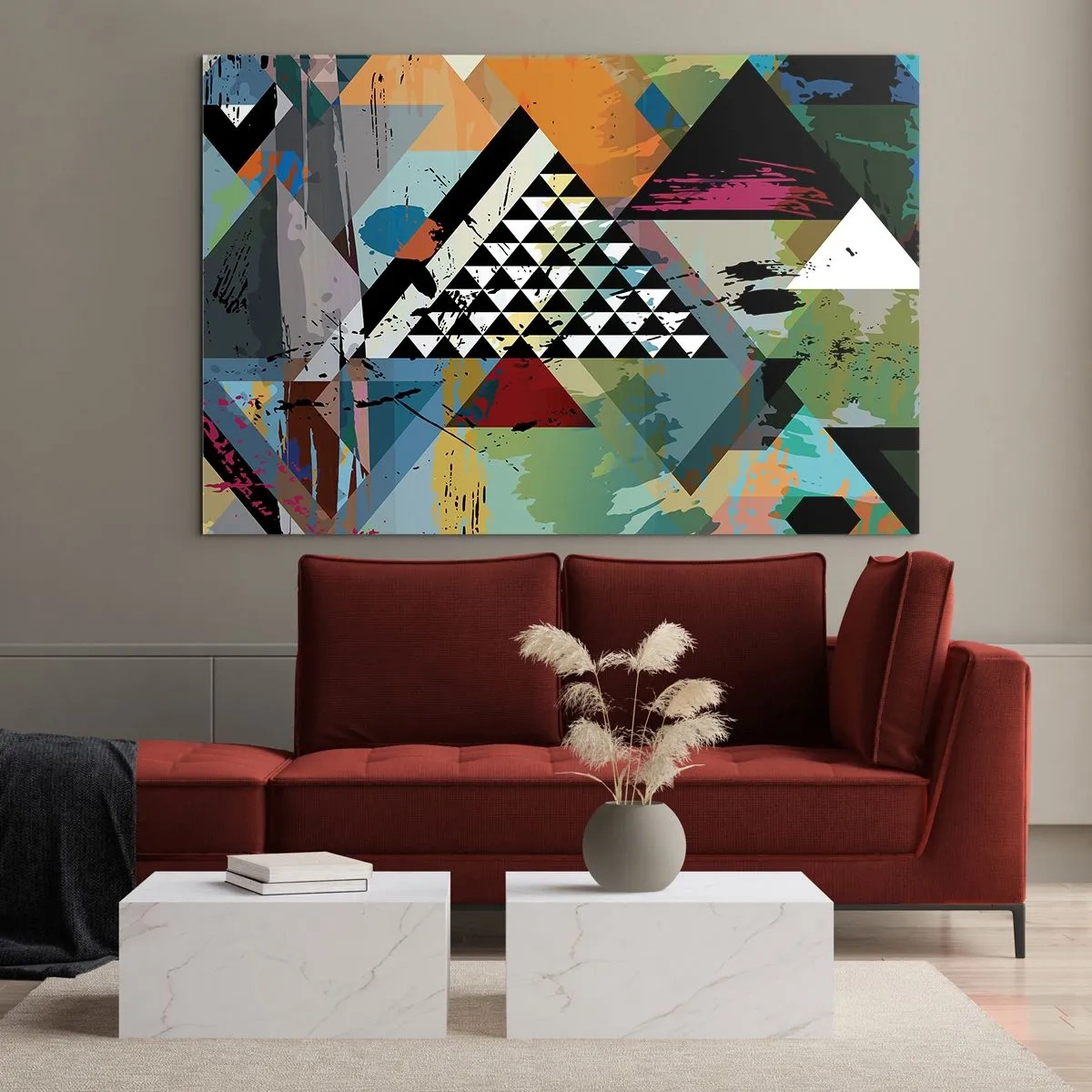 Impression sur verre - Image sur verre - Composition abstraite de formes géométriques et de couleurs - 120x80cm - Comme c'est facile - Décoration murale moderne pour le salon et la chambre ARTTOR