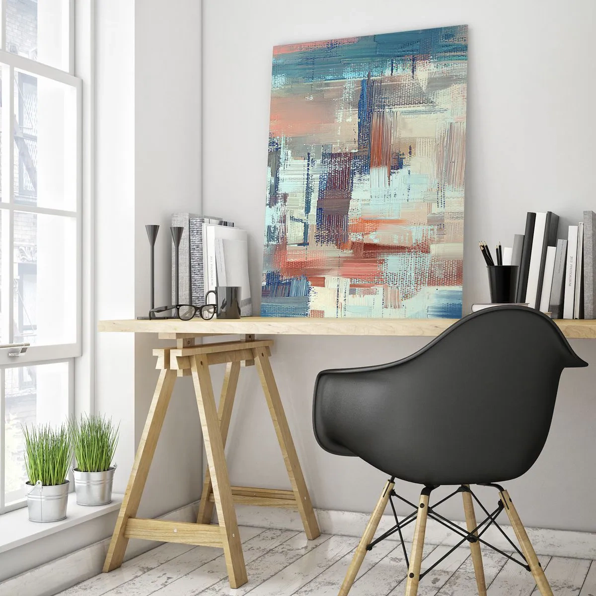 Impression sur verre - Image sur verre - Composition abstraite dans les tons de bleu et de beige - 80x120cm - Atteindre la lumière - Décoration murale moderne pour le salon et la chambre ARTTOR