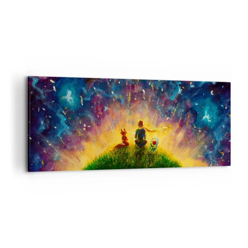Impression sur toile - Image sur toile - Personnages sur une colline verdoyante entourée d'un ciel étoilé - 120x50cm - Amour et amitié - le monde entier - Décoration murale moderne pour le salon et la chambre ARTTOR