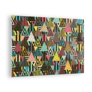 Impression sur verre - Image sur verre - Une composition abstraite avec des triangles aux couleurs intenses. - 70x50cm - En rythme de trois - Décoration murale moderne pour le salon et la chambre ARTTOR
