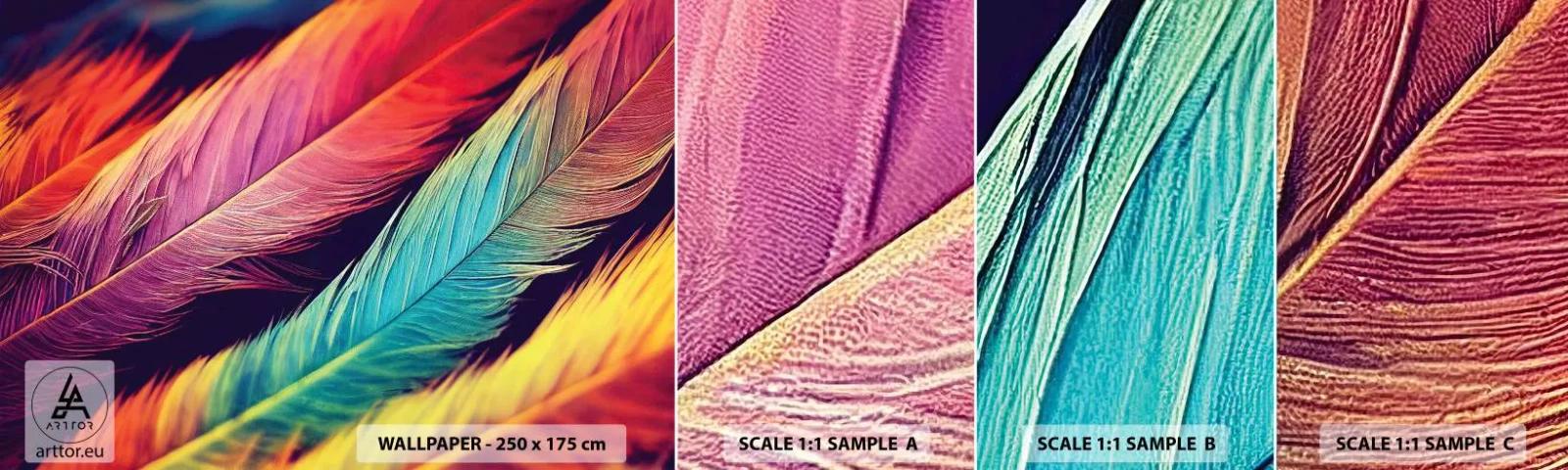 Échantillon De Papier Peint Standard Eco - Arc-en-ciel de plumes - Plumes, Lumière, Coloré - 100x30 cm