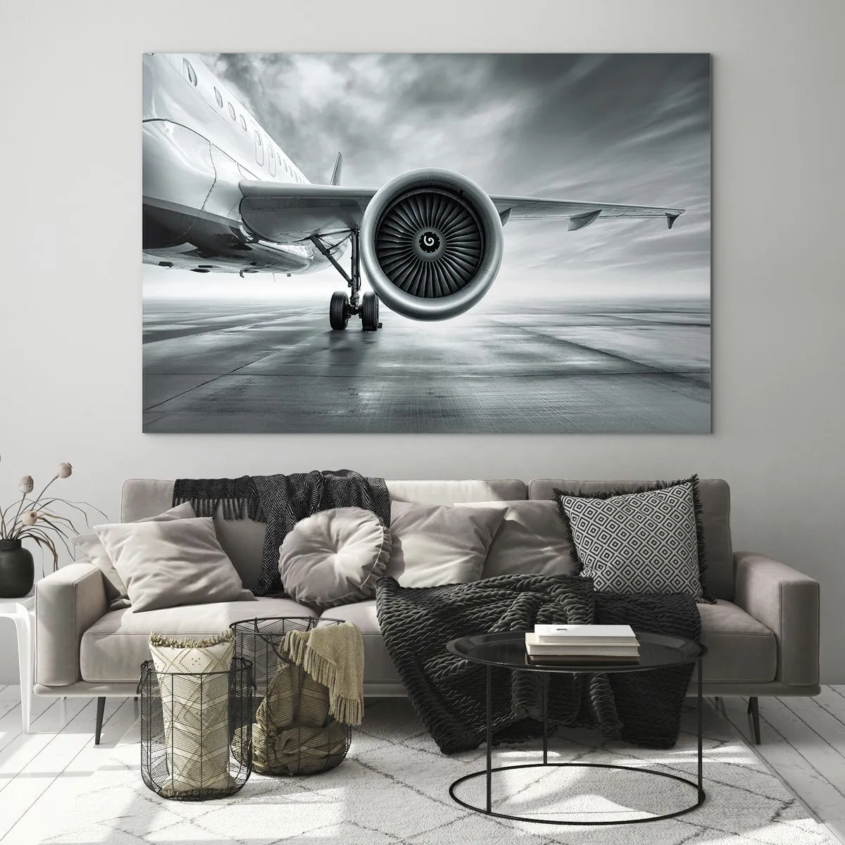 Impression sur verre - Image sur verre - La turbine d'un avion de ligne sur la piste à l'aube - 70x50cm - Sent la force! - Décoration murale moderne pour le salon et la chambre ARTTOR