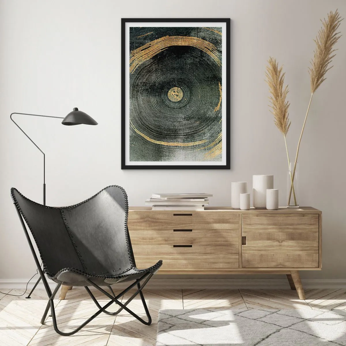 Affiche dans un cadre noir - Poster - Grain de bois abstrait dans des tons dorés et noirs - 50x70cm - Changement et persistance - Décoration murale moderne pour le salon et la chambre ARTTOR