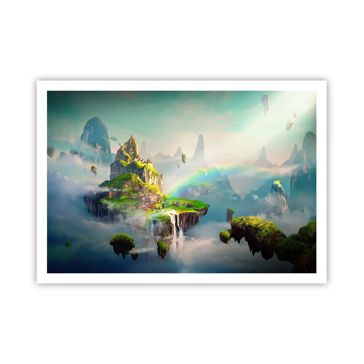 Affiche - Poster - Des îles volantes parmi les nuages avec un arc-en-ciel à l'horizon - 100x70cm - Au milieu des cieux - îles du bonheur - Décoration murale moderne pour le salon et la chambre ARTTOR