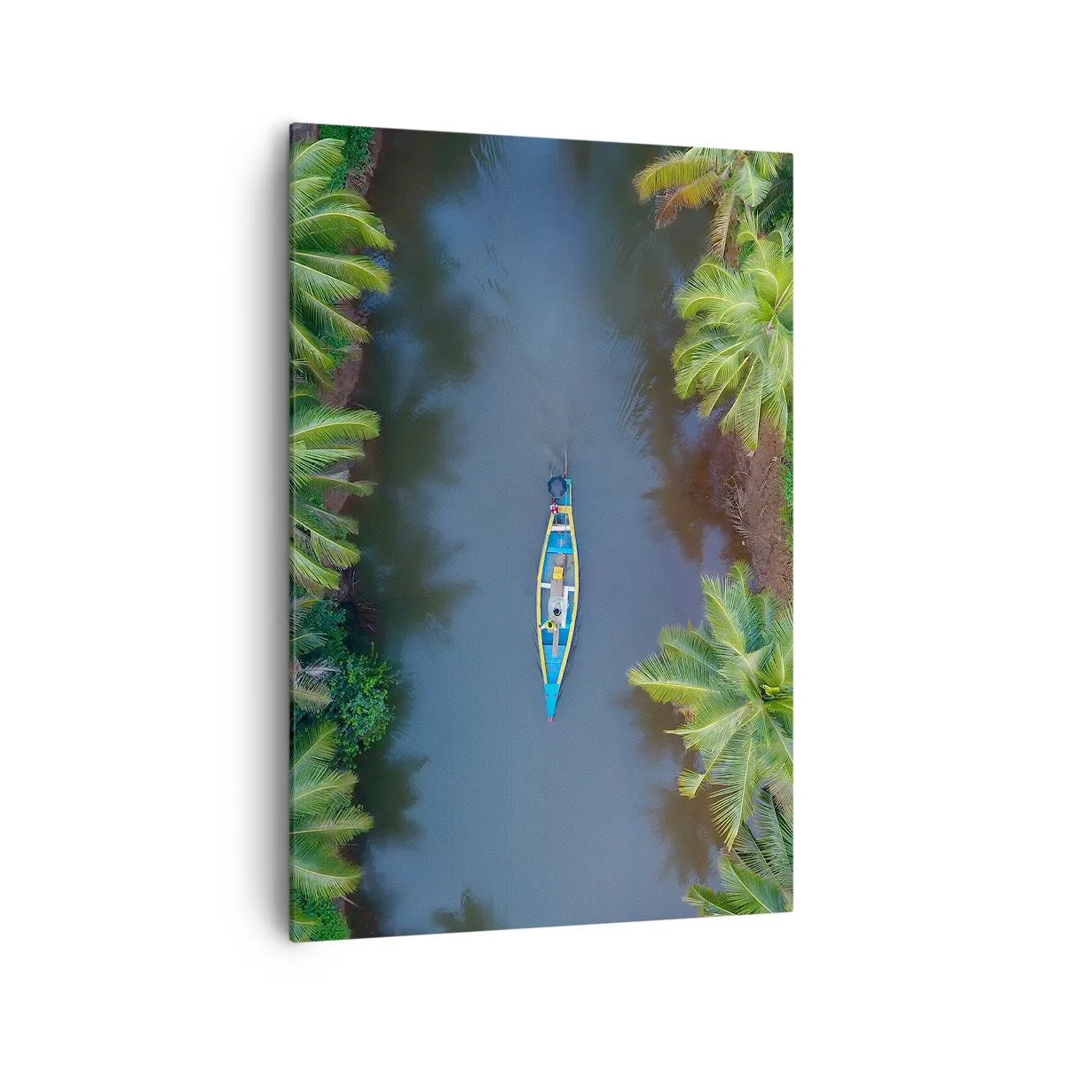 Impression sur toile - Image sur toile - Vue aérienne d'un bateau sur une rivière entourée de palmiers - 70x100cm - Sur un sentier tropical - Décoration murale moderne pour le salon et la chambre ARTTOR