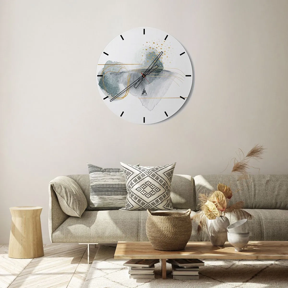 Horloge murale - Pendule murale - Formes abstraites pastel avec des lignes et des points dorés sur fond blanc. - 30x30cm - À propos de la relation entre le gris et l'or - Décoration murale moderne pour le salon, la cuisine et la chambre ARTTOR