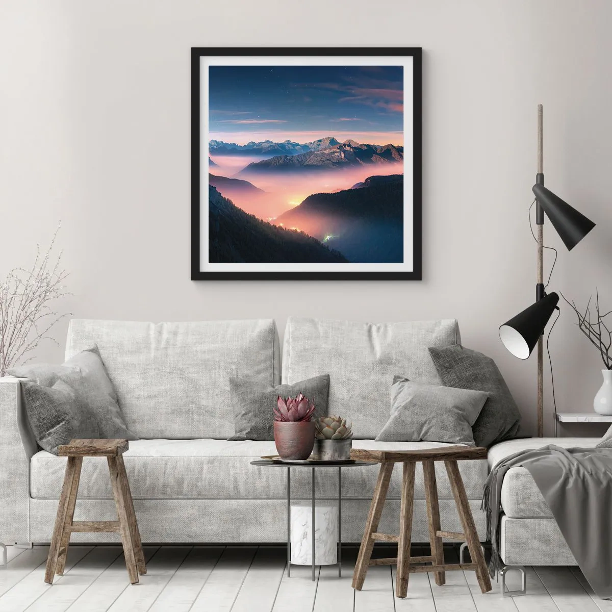 Affiche dans un cadre noir - Poster - Lumière dans les vallées - 30x30 cm