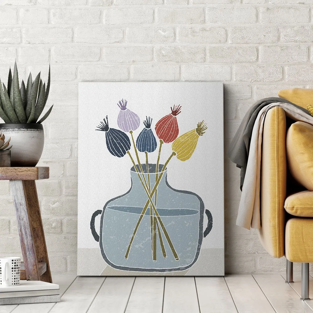 Impression sur toile - Image sur toile - Fleurs séchées colorées dans un vase sur fond blanc - 50x70cm - Comme s'il avait semé des graines de pavot - Décoration murale moderne pour le salon et la chambre ARTTOR