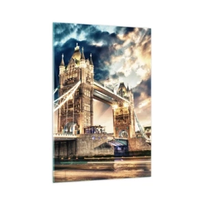 Impression sur verre - Image sur verre - Tower Bridge au crépuscule contre un ciel dynamique - 70x100cm - Monument de l'empire victorien - Décoration murale moderne pour le salon et la chambre ARTTOR