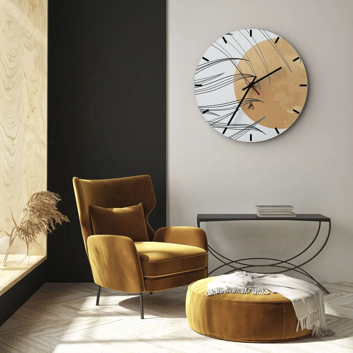 Horloge murale - Pendule murale - Graphique avec un cercle orange et des lignes d'herbe en arrière-plan - 30x30cm - Toujours vers le soleil - Décoration murale moderne pour le salon, la cuisine et la chambre ARTTOR