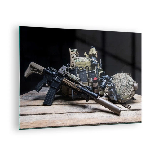 Impression sur verre - Image sur verre - Équipement tactique et armes disposés sur une table en bois - 70x50cm - Se reposer! - Décoration murale moderne pour le salon et la chambre ARTTOR