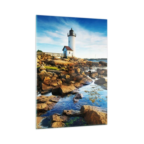 Impression sur verre - Image sur verre - Un phare sur une côte rocheuse par une journée ensoleillée - 50x70cm - Revenez heureux, j'attends - Décoration murale moderne pour le salon et la chambre ARTTOR
