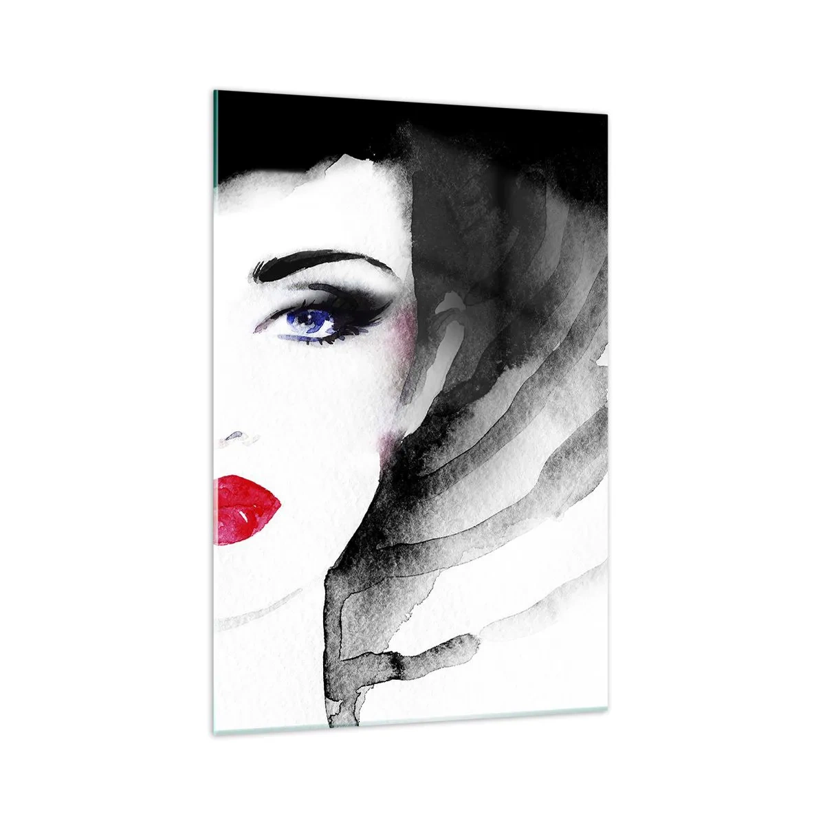 Impression sur verre - Image sur verre - Portrait d'une femme aux lèvres rouges et aux yeux bleus intenses - 70x100cm - Elle repousse et attire - Décoration murale moderne pour le salon et la chambre ARTTOR