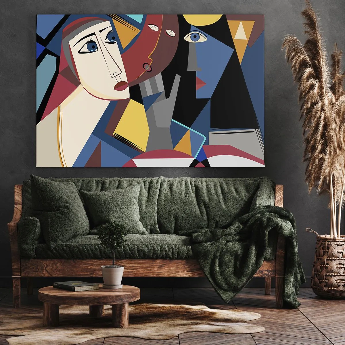 Impression sur toile - Image sur toile - Visages cubistes aux couleurs intenses - 100x70cm - Une conversation entre cubistes - Décoration murale moderne pour le salon et la chambre ARTTOR
