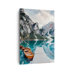 Impression sur toile - Image sur toile - Un lac avec des bateaux entouré de montagnes - 70x100cm - On va te montrer la beauté - Décoration murale moderne pour le salon et la chambre ARTTOR