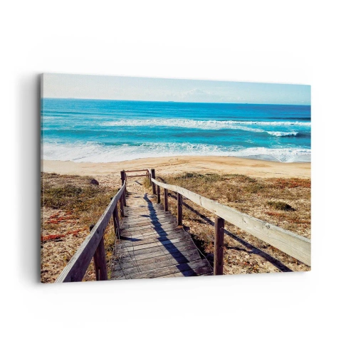 Impression sur toile - Image sur toile - Chemin en bois menant à la plage - 120x80cm - Cours! - Décoration murale moderne pour le salon et la chambre ARTTOR