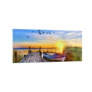 Impression sur verre - Image sur verre - Un bateau sur une jetée en bois au coucher du soleil - 120x50cm - Au revoir, à demain - Décoration murale moderne pour le salon et la chambre ARTTOR