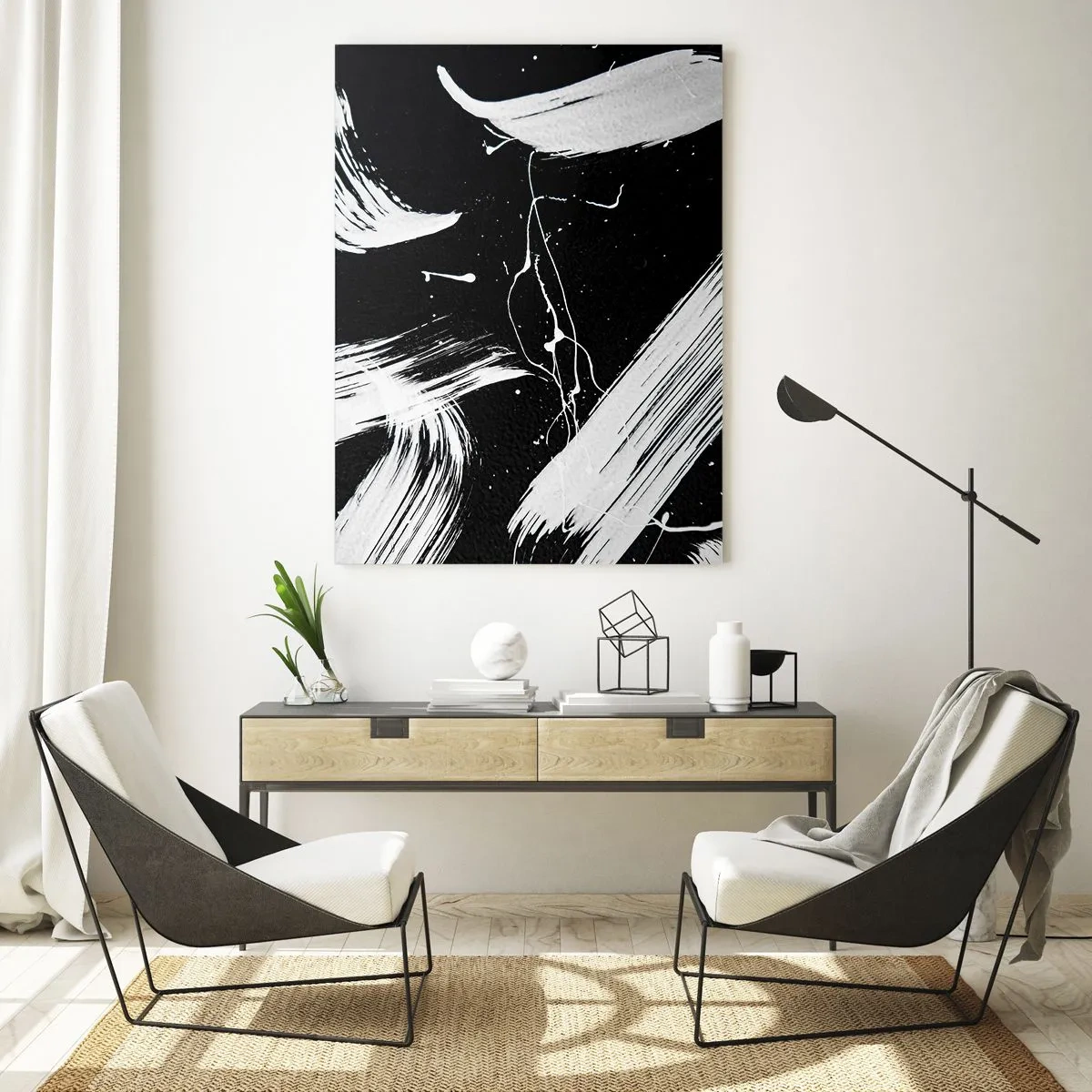 Impression sur verre - Image sur verre - Traits blancs abstraits sur fond noir - 80x120cm - Briser les ténèbres - Décoration murale moderne pour le salon et la chambre ARTTOR