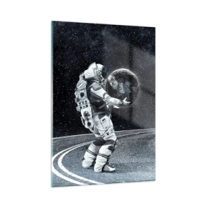 Impression sur verre - Image sur verre - Un astronaute transportant la Terre sur son chemin à travers l'univers - 50x70cm - Sur la Voie Lactée - Décoration murale moderne pour le salon et la chambre ARTTOR