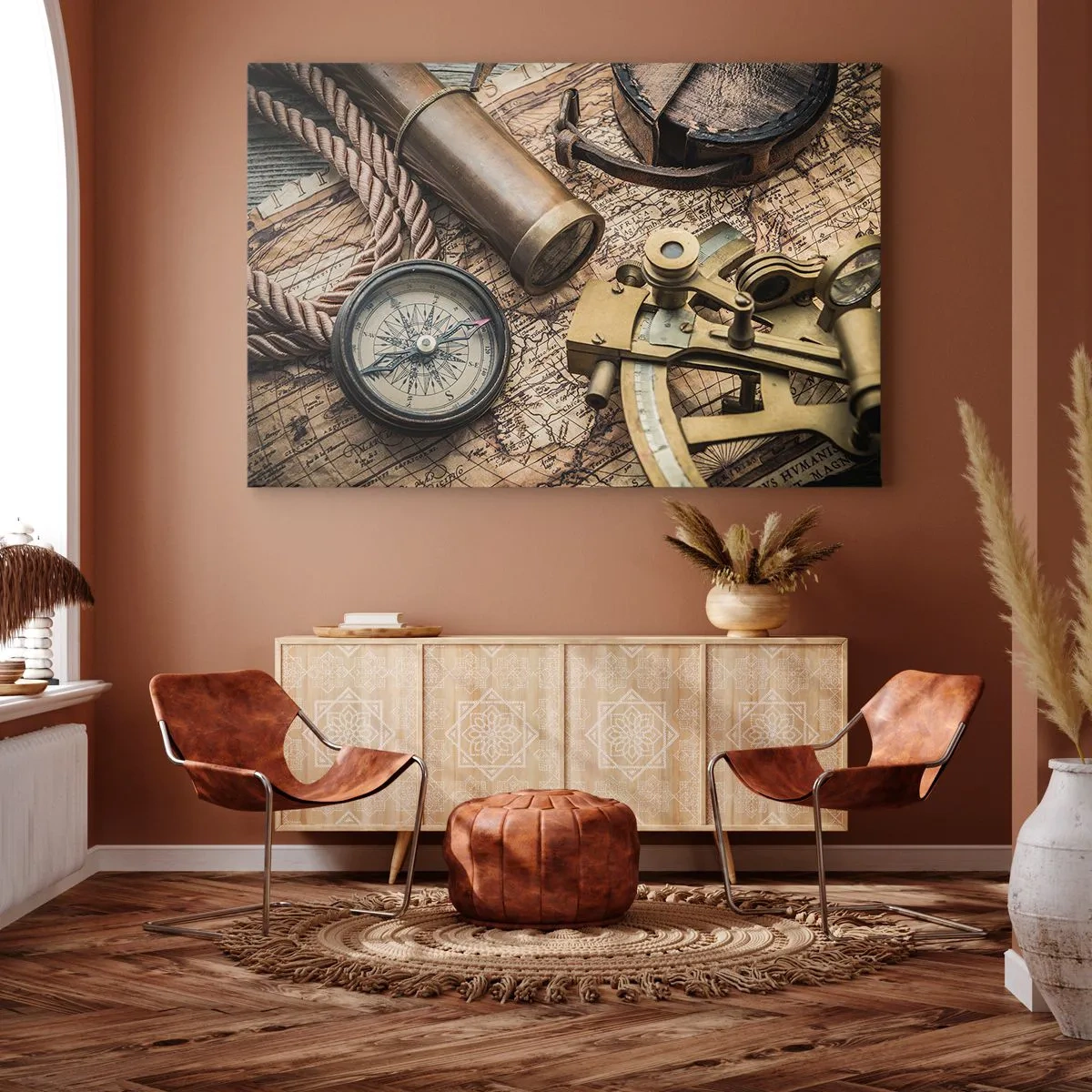 Impression sur toile - Image sur toile - Une boussole, un sextant et un télescope sur fond de vieille carte et de corde nautique. - 70x50cm - Fixer un cap - Décoration murale moderne pour le salon et la chambre ARTTOR
