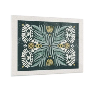 Impression sur verre - Image sur verre - Une composition symétrique de feuilles et de motifs dans un style folklorique - 70x50cm - Comme une découpe folklorique - Décoration murale moderne pour le salon et la chambre ARTTOR