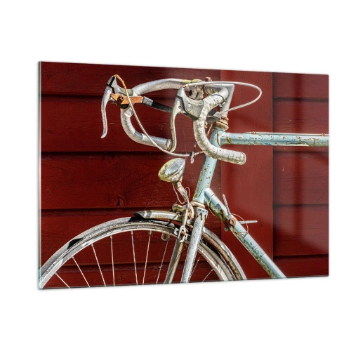 Impression sur verre - Image sur verre - Un vieux vélo de route des années 1970 contre un mur en bois rouge - 120x80cm - Construit pour la victoire - Décoration murale moderne pour le salon et la chambre ARTTOR