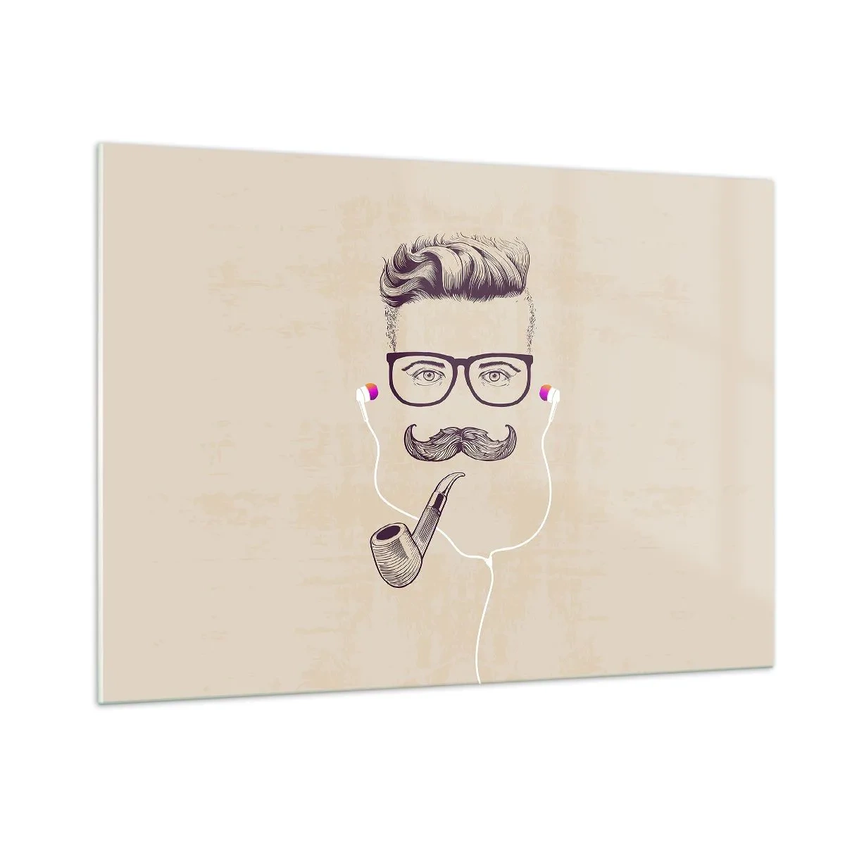 Impression sur verre - Image sur verre - Un dessin d'un homme stylisé avec des lunettes, une moustache et une pipe. - 100x70cm - Un vrai homme? - Décoration murale moderne pour le salon et la chambre ARTTOR