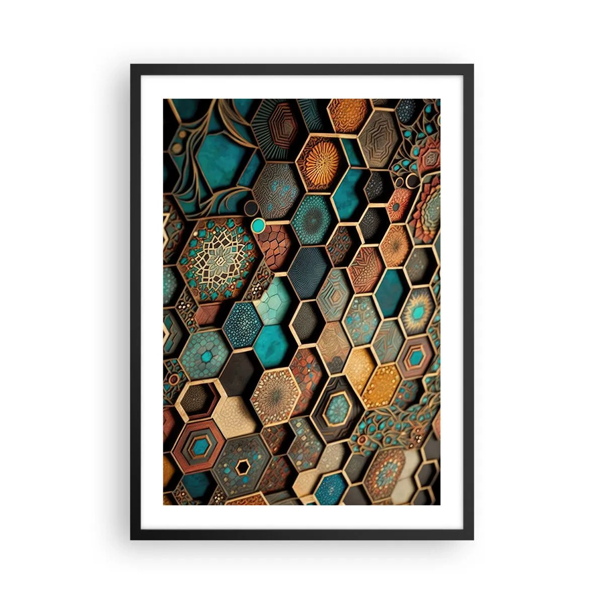 Affiche dans un cadre noir - Poster - Une composition géométrique d'hexagones dans une palette or et turquoise. - 50x70cm - Ornements arabes – variation - Décoration murale moderne pour le salon et la chambre ARTTOR