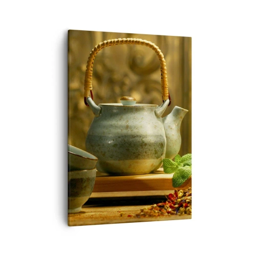 Impression sur toile - Image sur toile - Pichet en céramique avec tasses et thé séché - 50x70cm - Un traité sur la consommation de thé - Décoration murale moderne pour le salon et la chambre ARTTOR