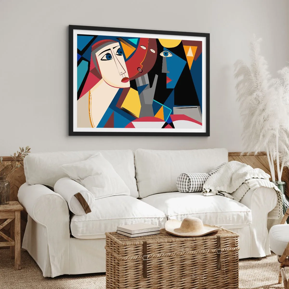 Affiche dans un cadre noir - Poster - Visages cubistes aux couleurs intenses - 70x50cm - Une conversation entre cubistes - Décoration murale moderne pour le salon et la chambre ARTTOR